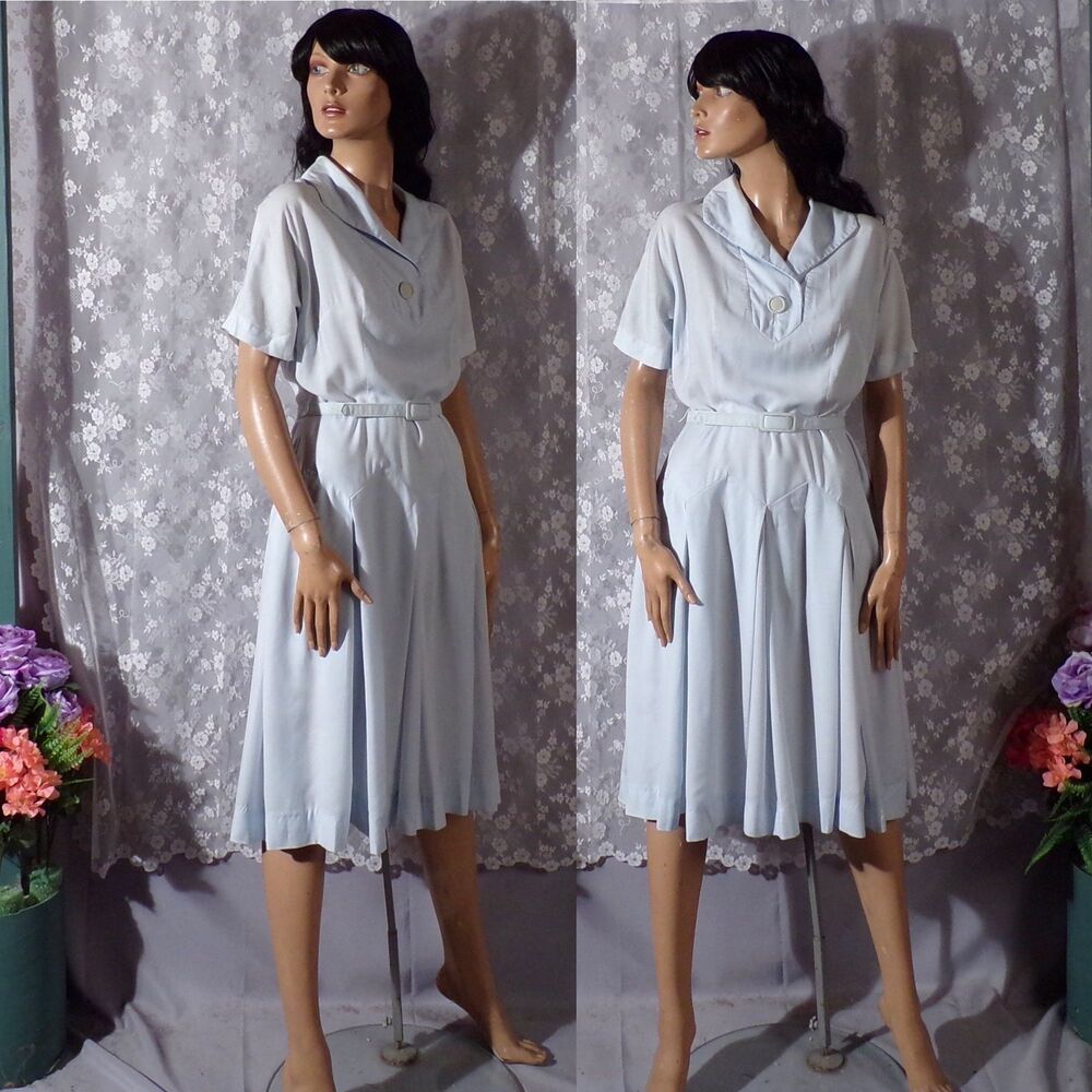 Alix of Miami Dress Vintage 60s Pan-am Travelers Blue Shirtwaist Size Small